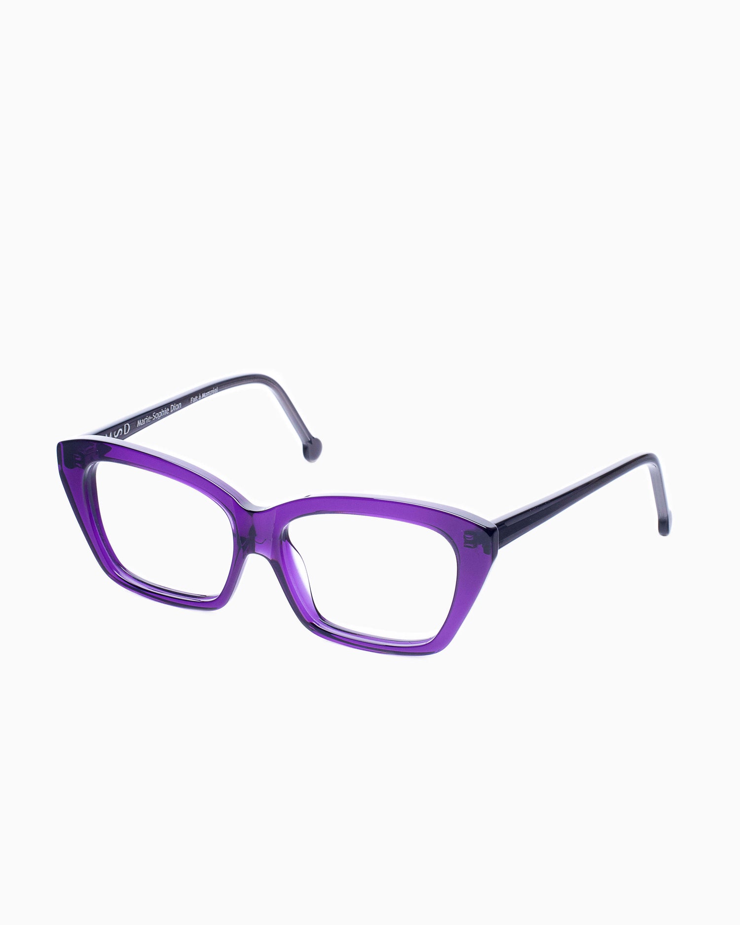 purple plastic butterfly eyeglasses by Marie-Sophie Dion model Pageau, front view, lunettes de vue papillon couleur violet