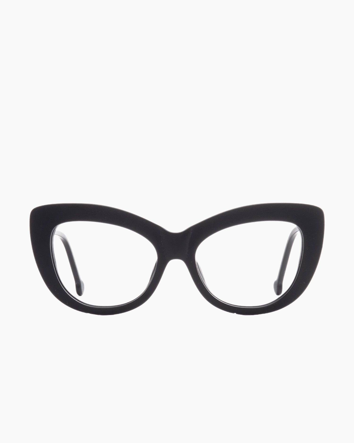 black plastic cat eyeglasses by Marie-Sophie Dion model Gatsby, front view, lunettes de vue chat couleur noir