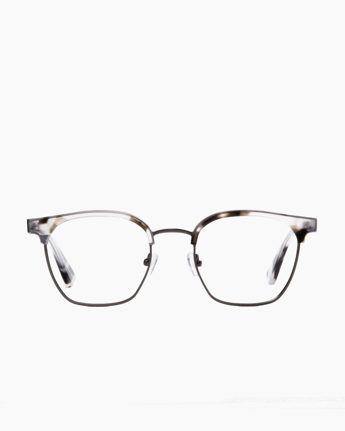 grey metal rectangle eyeglasses by Evolve model Woodrow, front view, lunettes de vue rectangle couleur gris