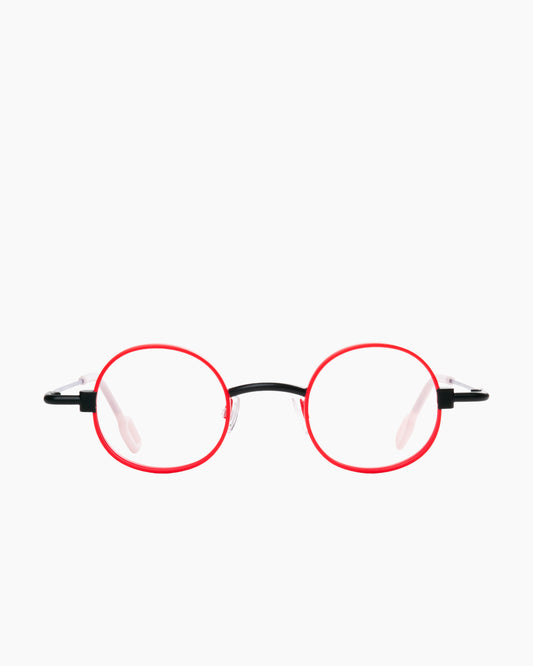 red metal round eyeglasses by Anne et Valentin model MECACOOL, front view, lunettes de vue rond couleur rouge