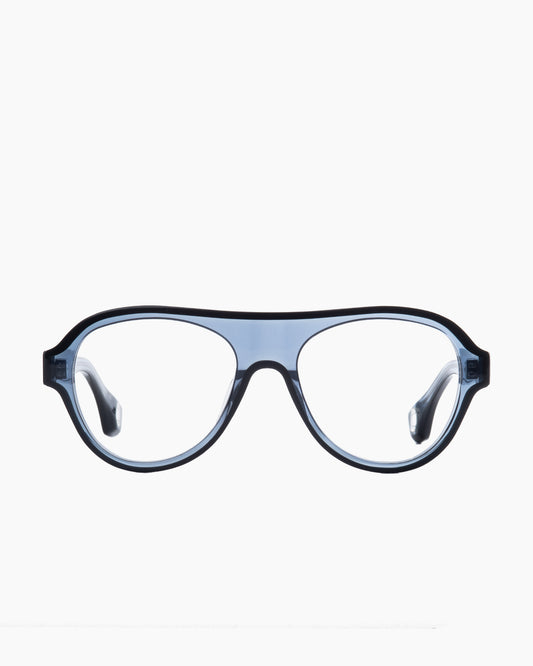 blue plastic aviator eyeglasses by Blake Kuwahara model albini, front view, lunettes de vue aviateur couleur bleu