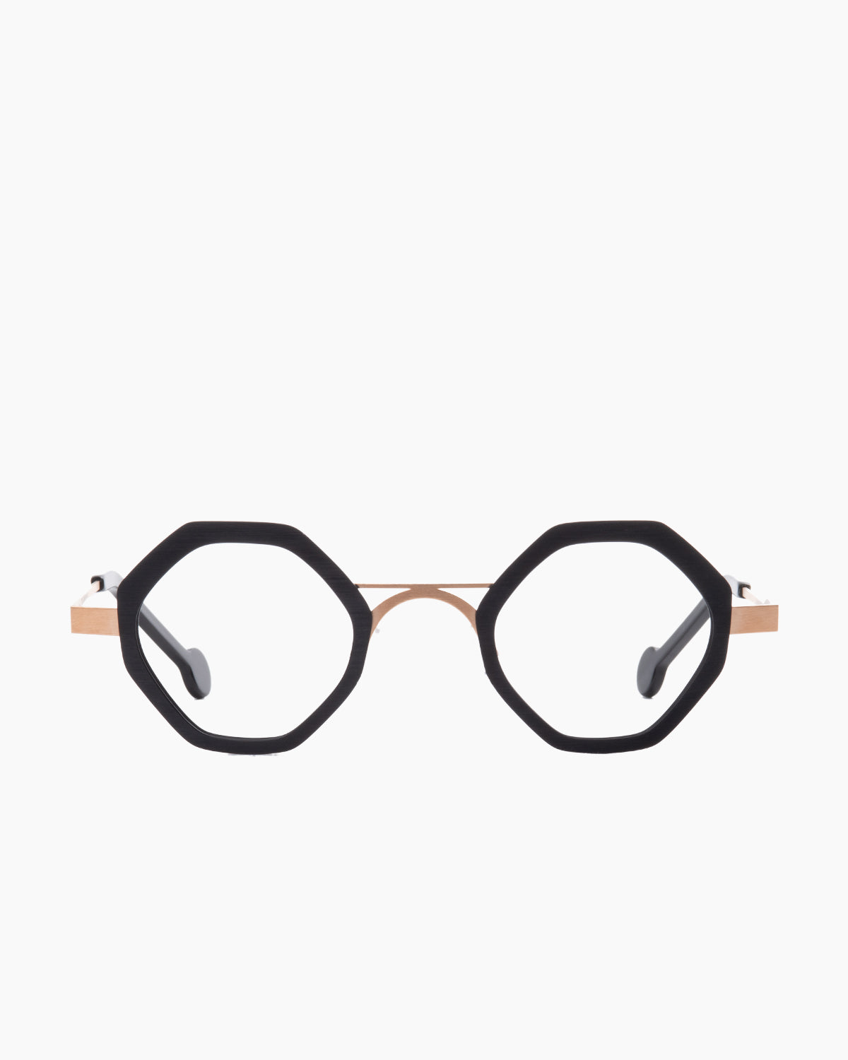 black metal octogon eyeglasses by Anne et Valentin model fadiez, front view, lunettes de vue octogone couleur noir