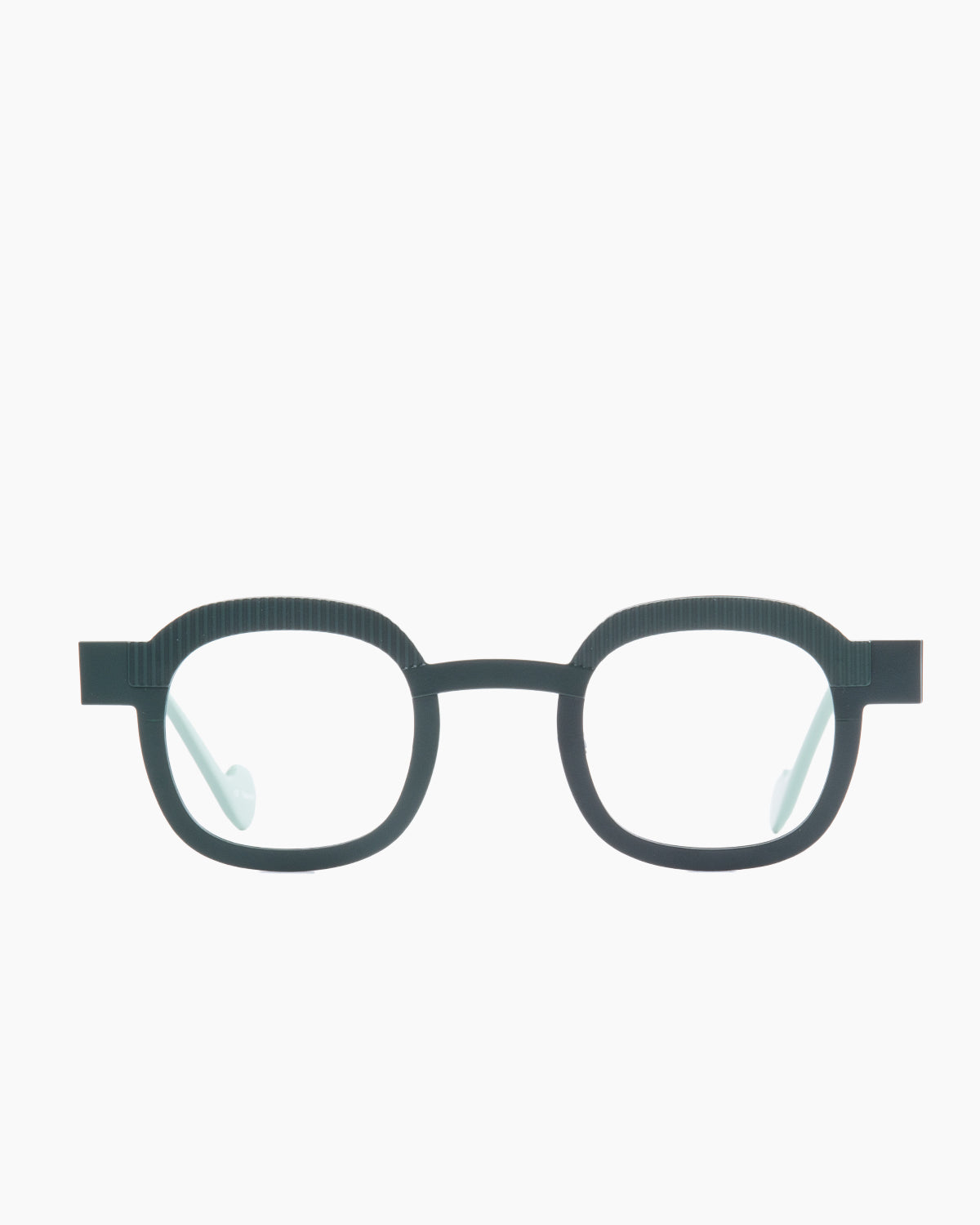 green metal rectangle eyeglasses by Anne et Valentin model Variato, front view, lunettes de vue rectangle couleur Vert