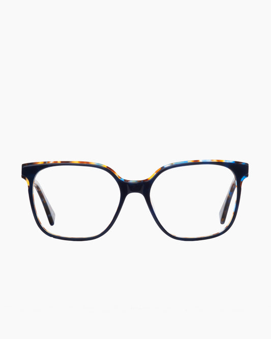 blue plastic rectangle eyeglasses by Evolve model Lauren, front view, lunettes de vue rectangle couleur bleu