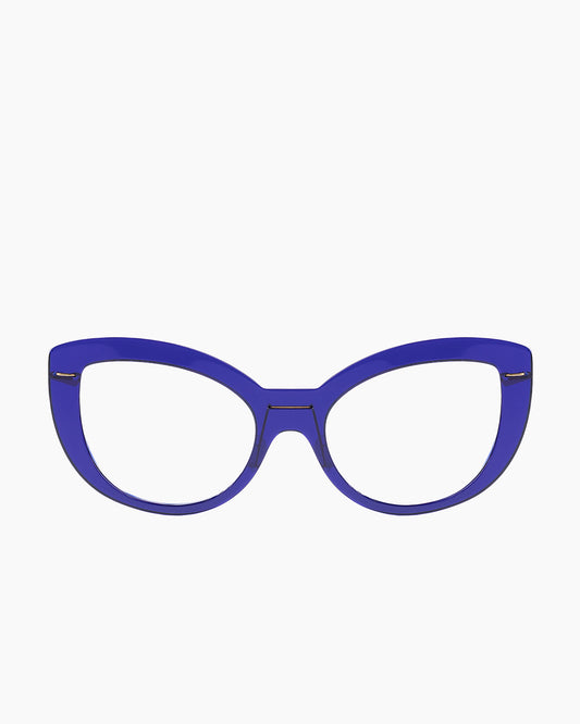 blue plastic cat eyeglasses by Monogram Marie-Sophie Dion model Abid, front view, lunettes de vue chat couleur Bleu