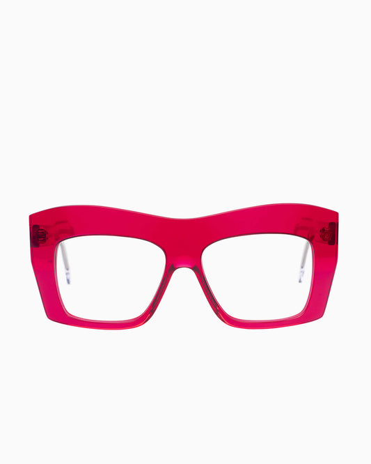 pink plastic rectangle eyeglasses by Marie-Sophie Dion model Arseneau, front view, lunettes de vue rectangle couleur Rose