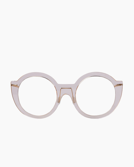 pink, beige plastic round eyeglasses by Monogram Marie-Sophie Dion model Coll, front view, lunettes de vue rond couleur rose, beige
