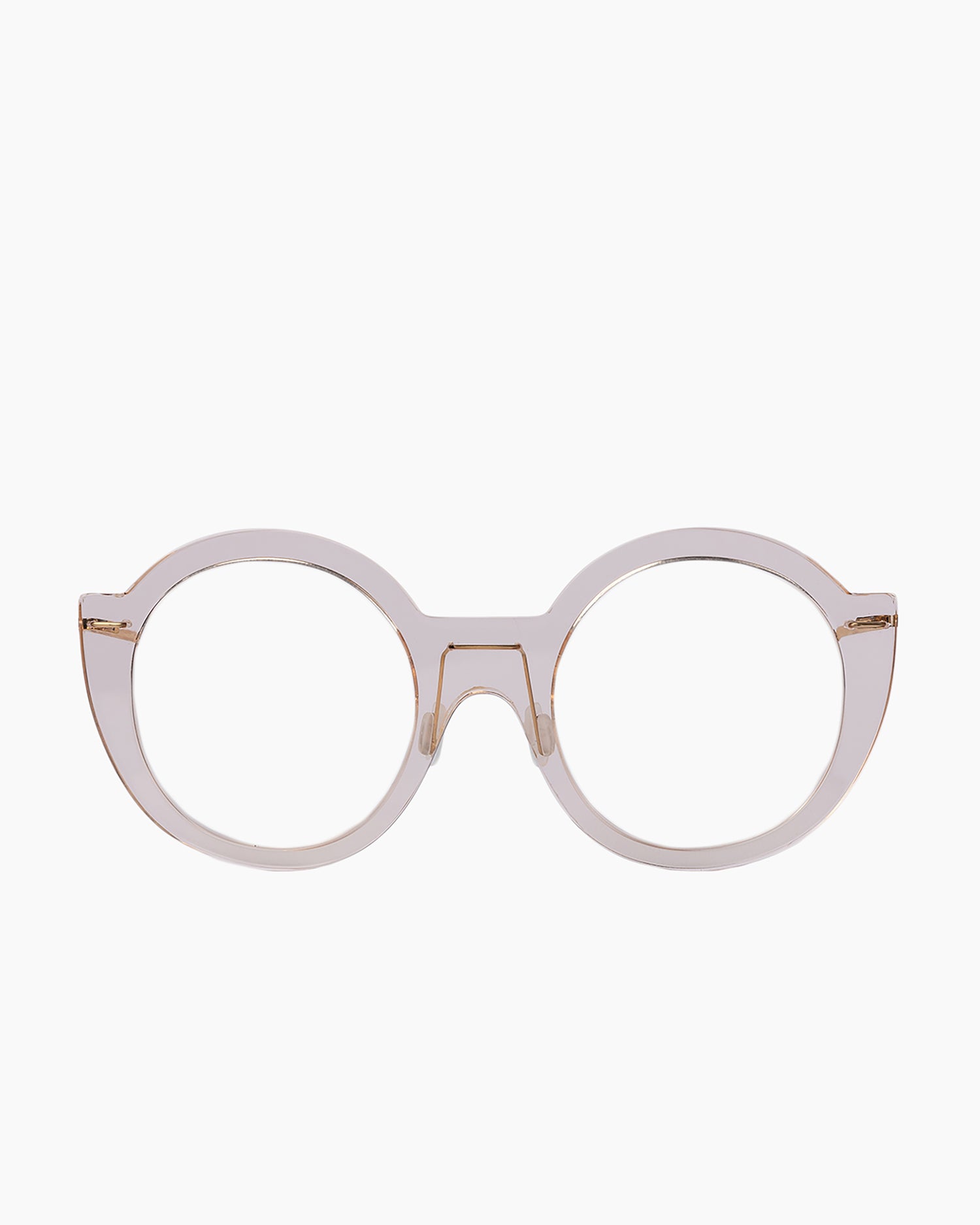 pink, beige plastic round eyeglasses by Monogram Marie-Sophie Dion model Coll, front view, lunettes de vue rond couleur rose, beige