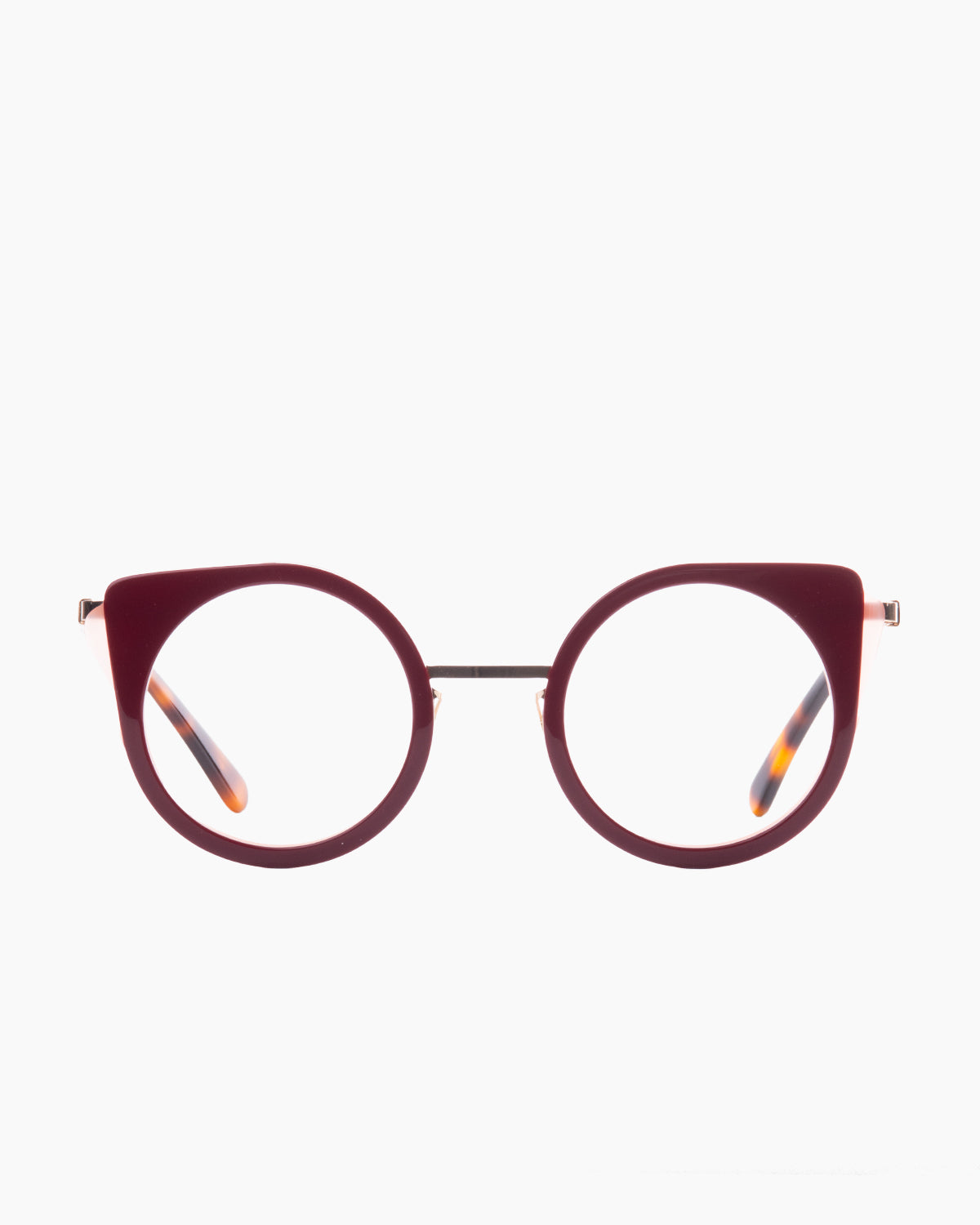 burgundy metal round eyeglasses by Gamine model Cat, front view, lunettes de vue rond couleur bourgogne