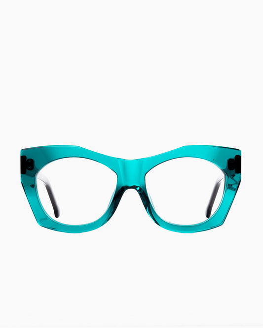 green plastic butterfly eyeglasses by Marie-Sophie Dion model Ferro, front view, lunettes de vue papillon couleur vert