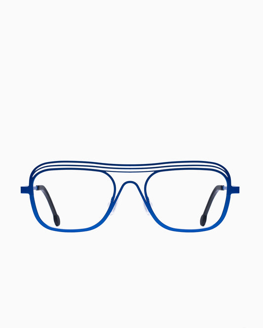 blue metal aviator eyeglasses by Theo model Exchange, front view, lunettes de vue aviateur couleur Bleu