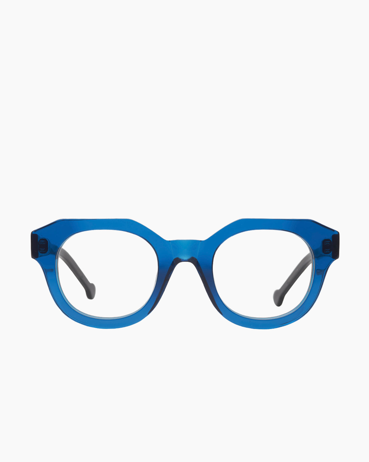 blue plastic round eyeglasses by Marie-Sophie Dion model Poitras, front view, lunettes de vue rond couleur Bleu