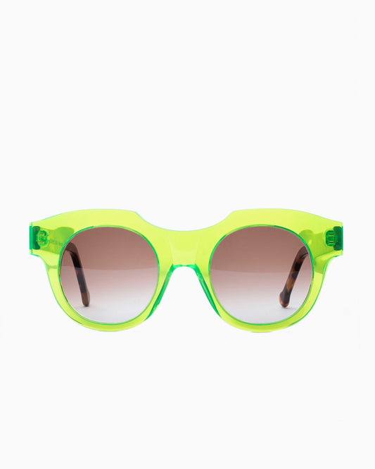lime plastic round sunglassesby Marie-Sophie Dion model Genest.S, front view, lunettes de vue rond couleur Lime