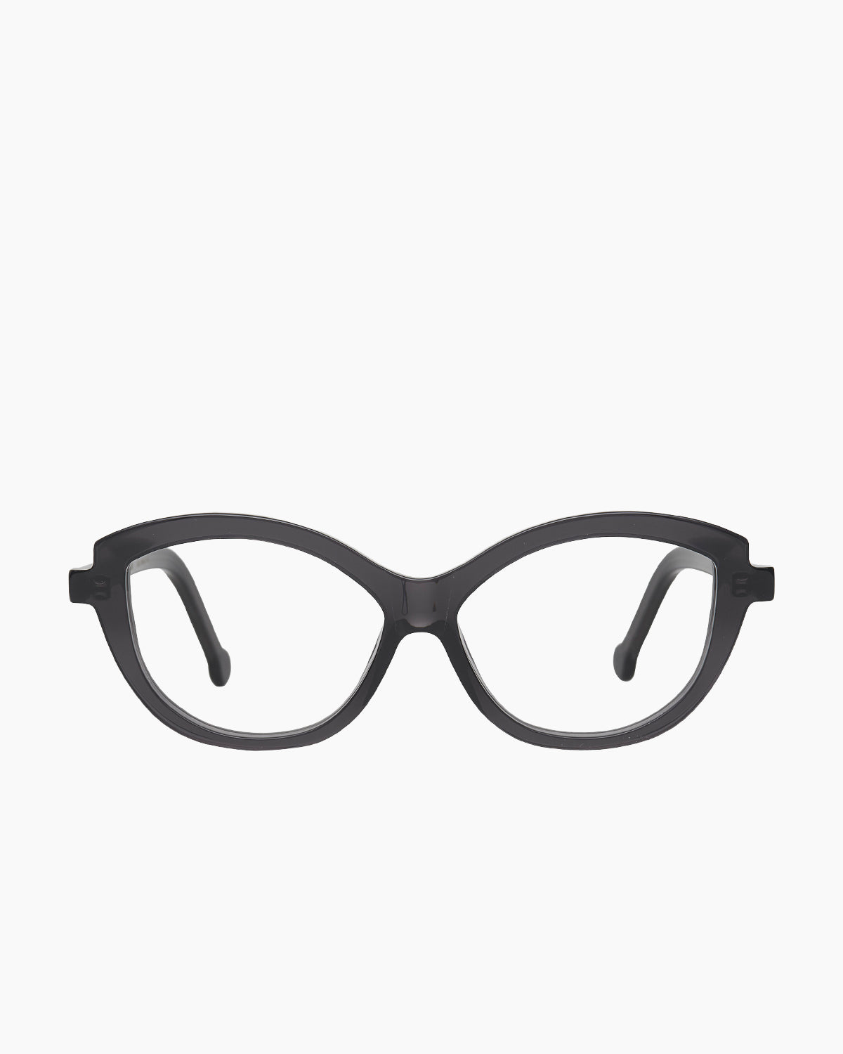 grey plastic cat eyeglasses by Marie-Sophie Dion model Brodeur, front view, lunettes de vue chat couleur Gris
