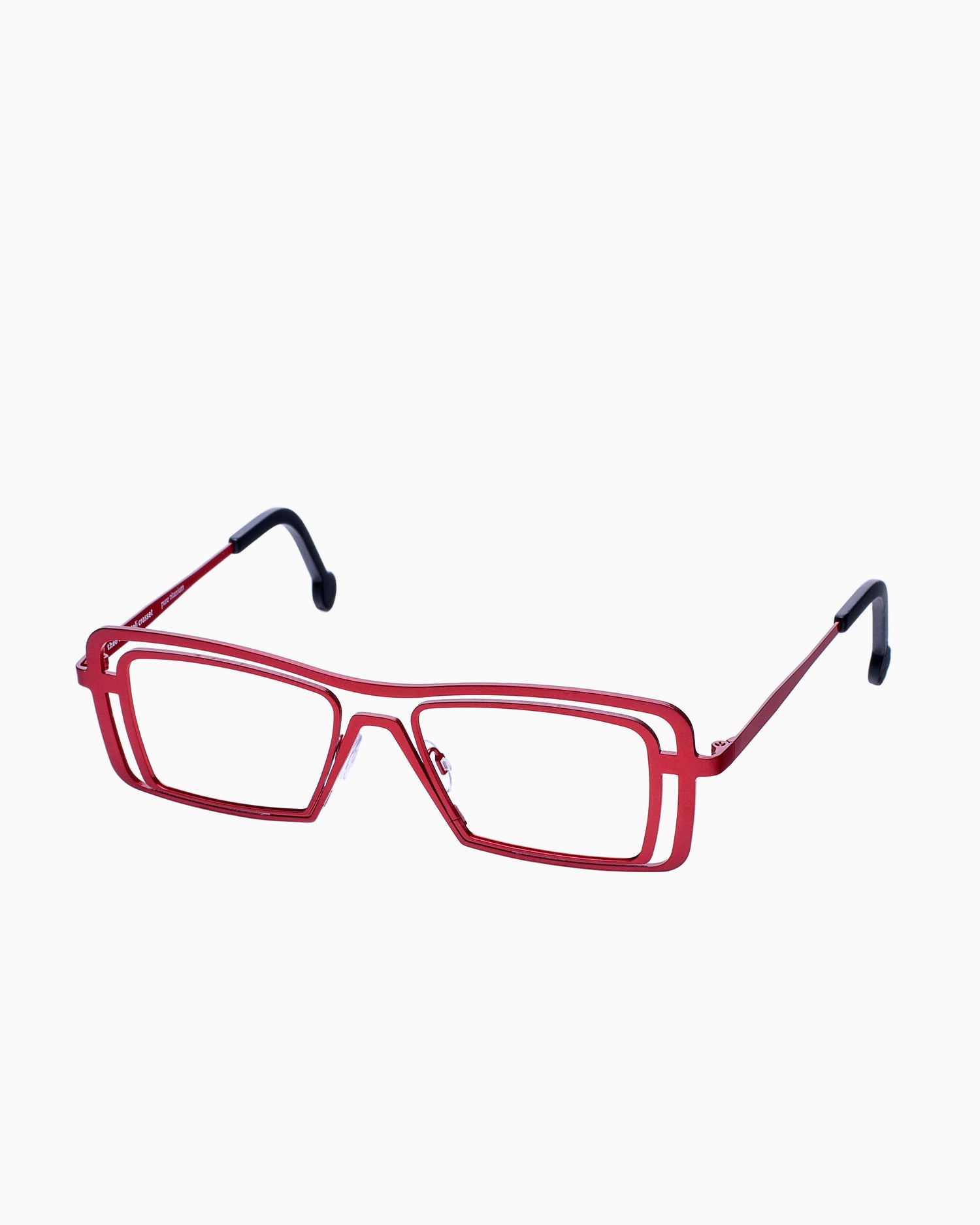 red metal rectangle eyeglasses by Theo model Gossip, front view, lunettes de vue rectangle couleur Rouge
