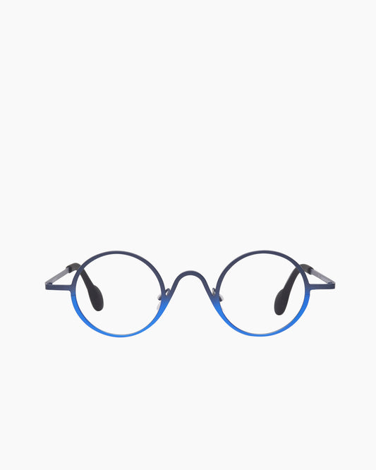 blue metal round eyeglasses by Theo model Stanley, front view, lunettes de vue rond couleur Bleu