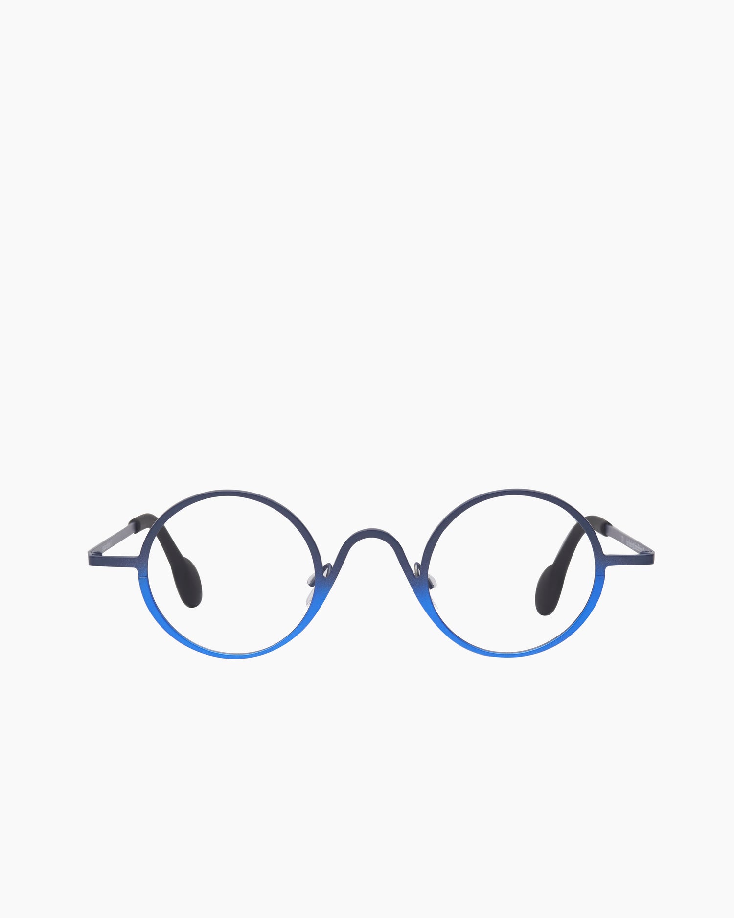 blue metal round eyeglasses by Theo model Stanley, front view, lunettes de vue rond couleur Bleu