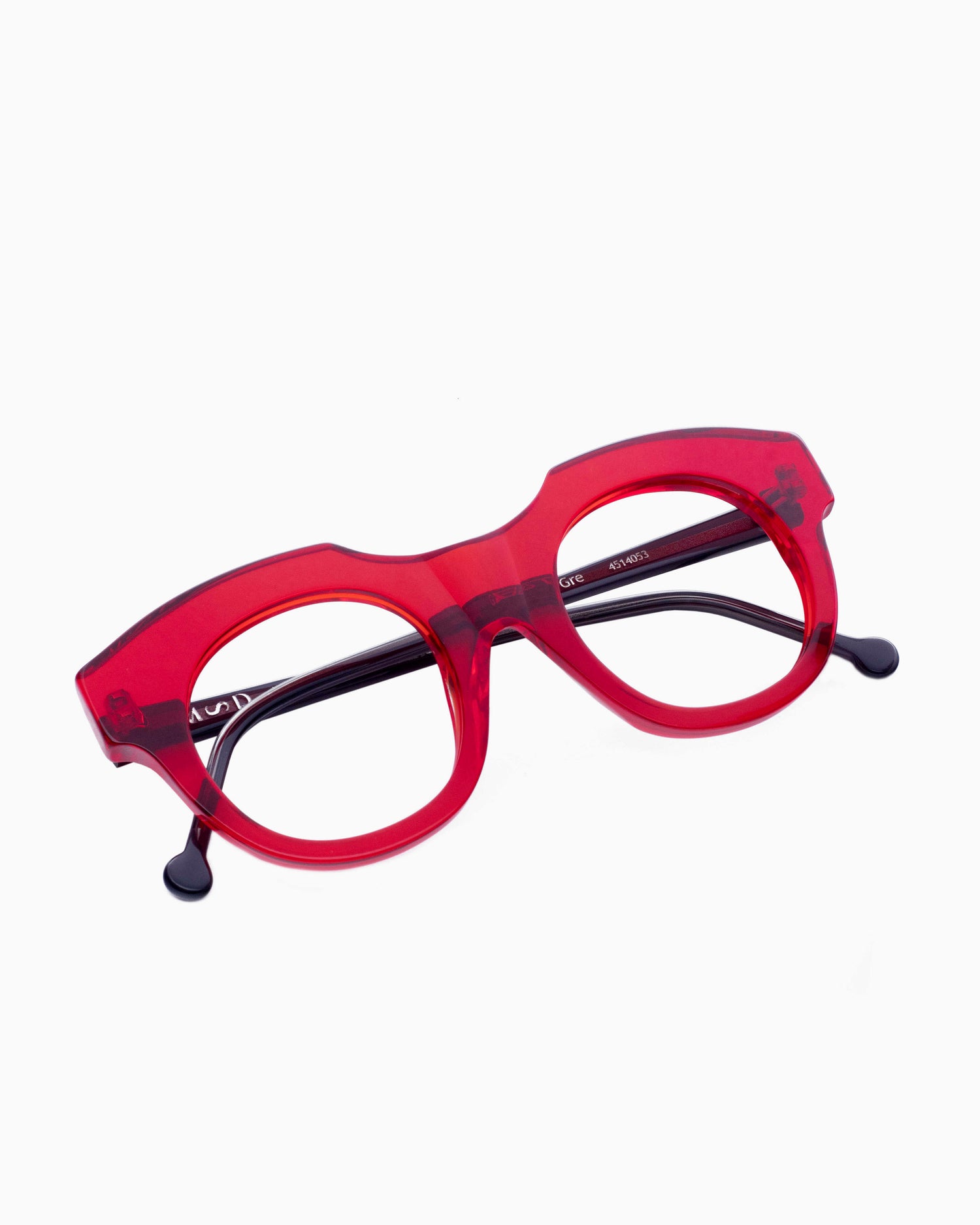 red plastic round eyeglasses by Marie-Sophie Dion model Genest, front view, lunettes de vue rond couleur Rouge