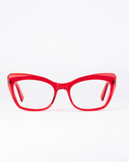 red plastic butterfly eyeglasses by Kirk&Kirk model HANA, front view, lunettes de vue papillon couleur Rouge