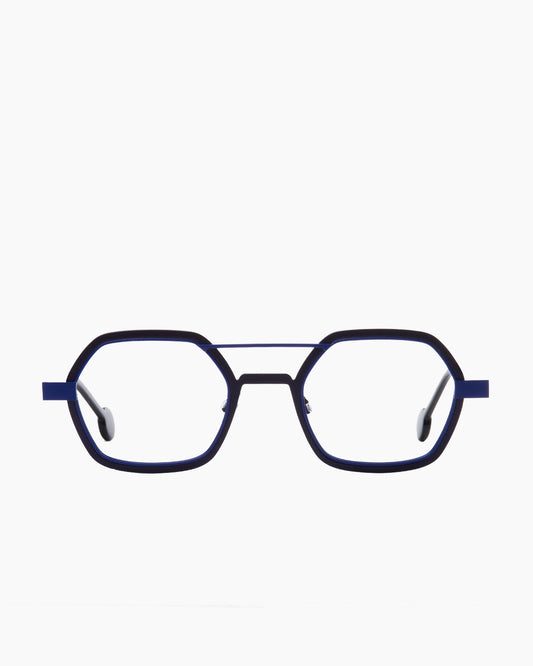 blue metal hexagon eyeglasses by Anne et Valentin model wellsaid, front view, lunettes de vue hexagone couleur bleu
