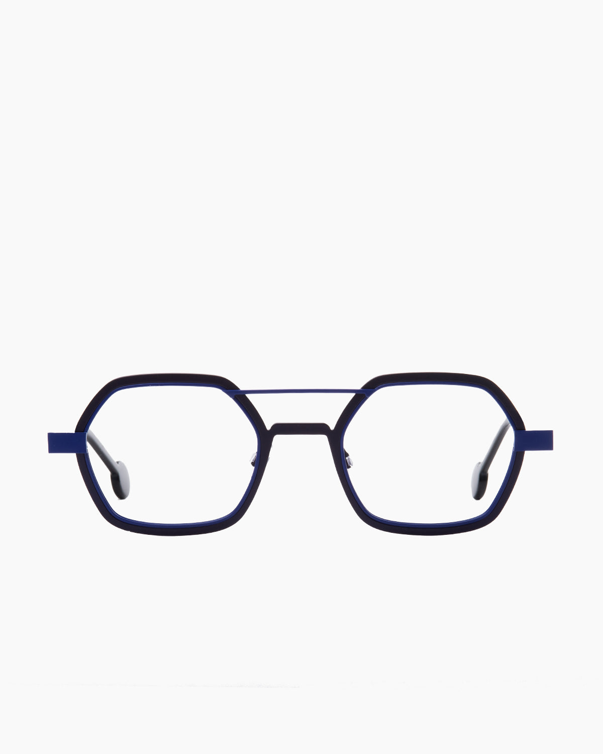 blue metal hexagon eyeglasses by Anne et Valentin model wellsaid, front view, lunettes de vue hexagone couleur bleu