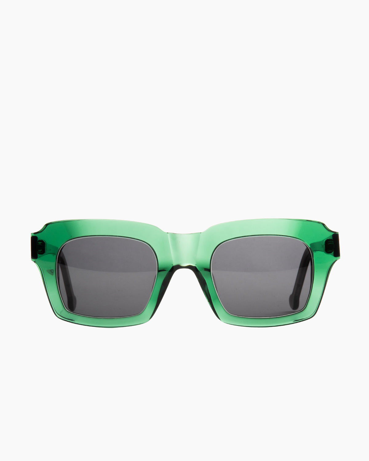 green plastic rectangle  sunglassesby Marie-Sophie Dion model Downey, front view, lunettes de vue rectangle couleur vert