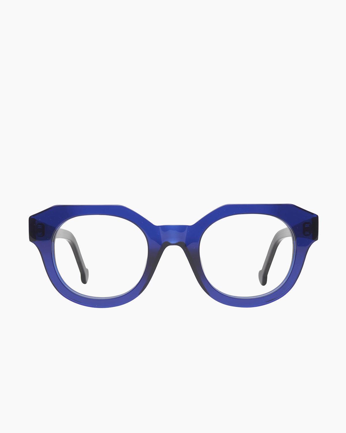 blue plastic round eyeglasses by Marie-Sophie Dion model Poitras, front view, lunettes de vue rond couleur Bleu