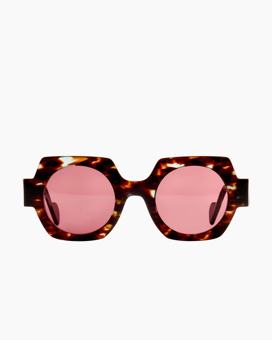 tortoise plastic hexagon  sunglassesby Anne et Valentin model Smet, front view, lunettes de vue hexagone couleur écaille de tortue
