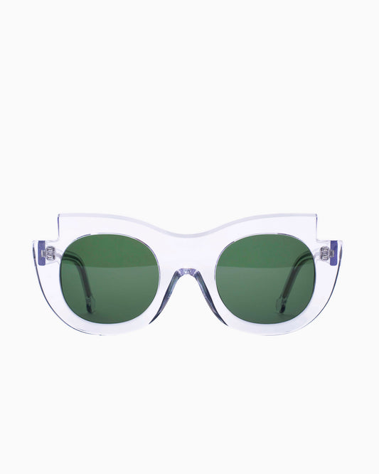 crystal plastic round  sunglassesby Marie-Sophie Dion model Latraverse2Sun, front view, lunettes de vue rond couleur cristal