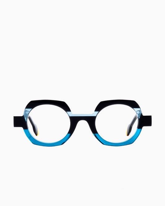 blue plastic round eyeglasses by Anne et Valentin model hehe, front view, lunettes de vue rond couleur bleu