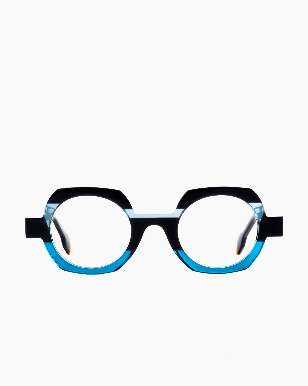 blue plastic round eyeglasses by Anne et Valentin model hehe, front view, lunettes de vue rond couleur bleu