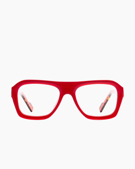 red plastic aviator eyeglasses by Xavier Derome model SOULOR, front view, lunettes de vue aviateur couleur rouge