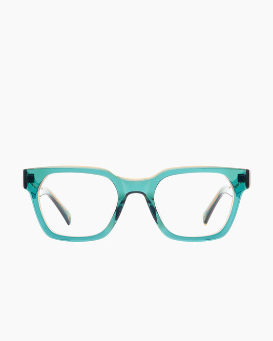green plastic rectangle eyeglasses by Spectacleeyeworks model Billie, front view, lunettes de vue rectangle couleur vert