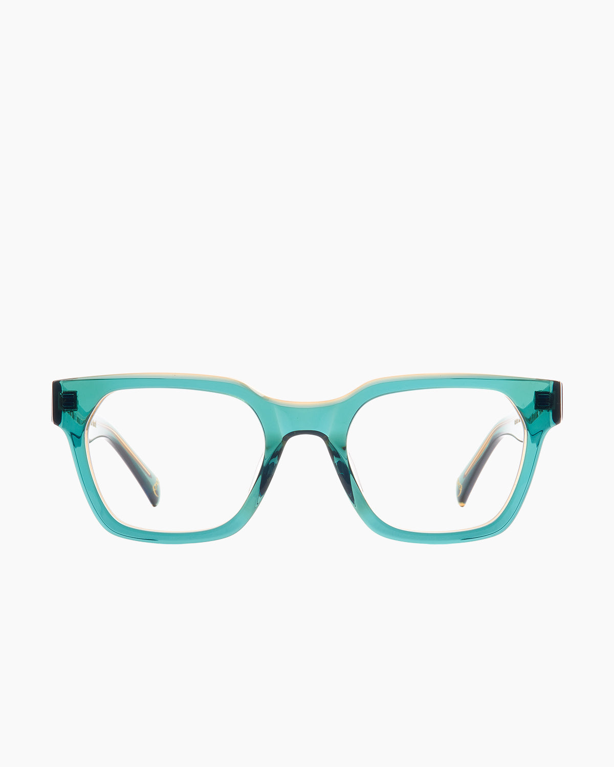 green plastic rectangle eyeglasses by Spectacleeyeworks model Billie, front view, lunettes de vue rectangle couleur vert