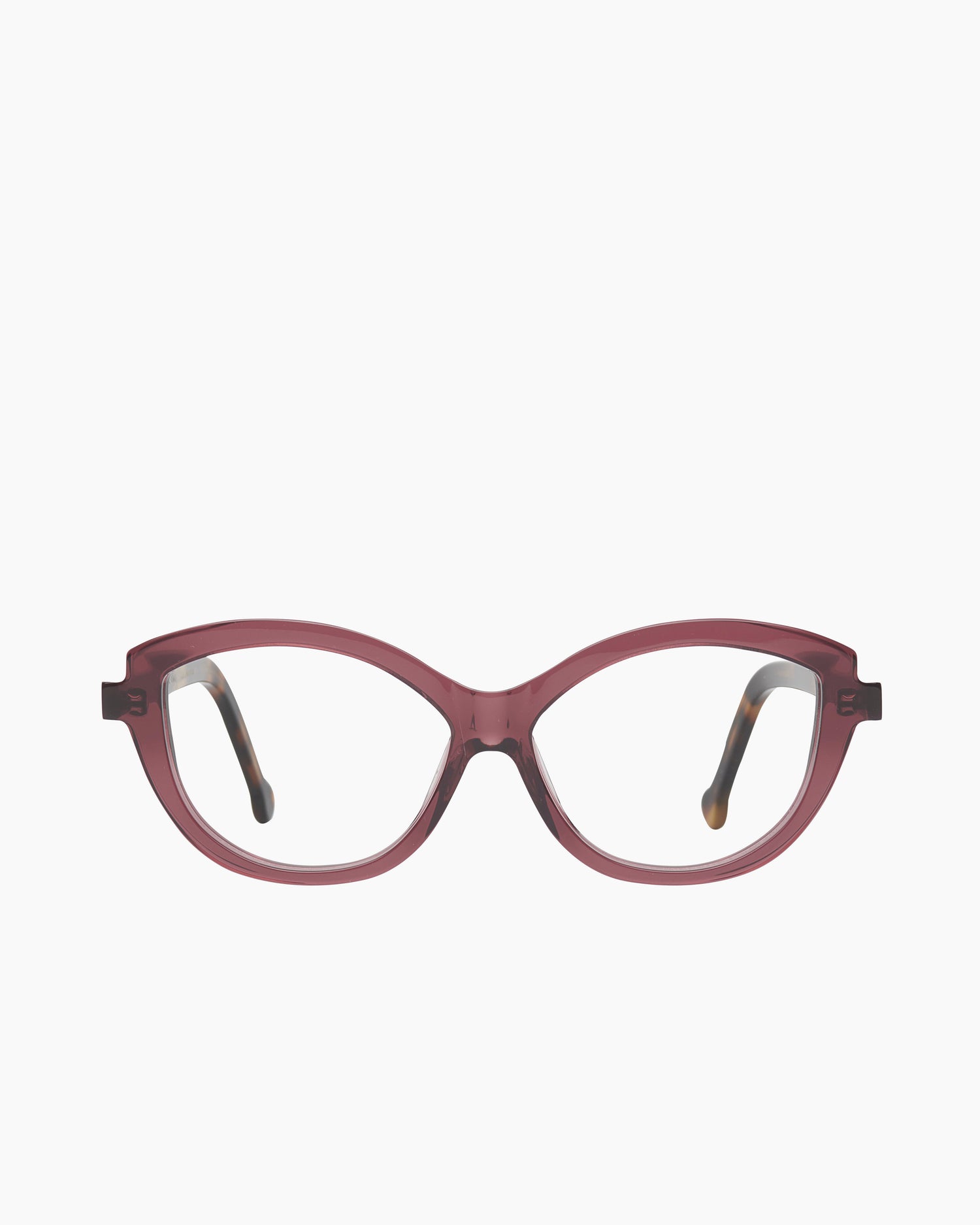 purple plastic cat eyeglasses by Marie-Sophie Dion model Brodeur, front view, lunettes de vue chat couleur violet