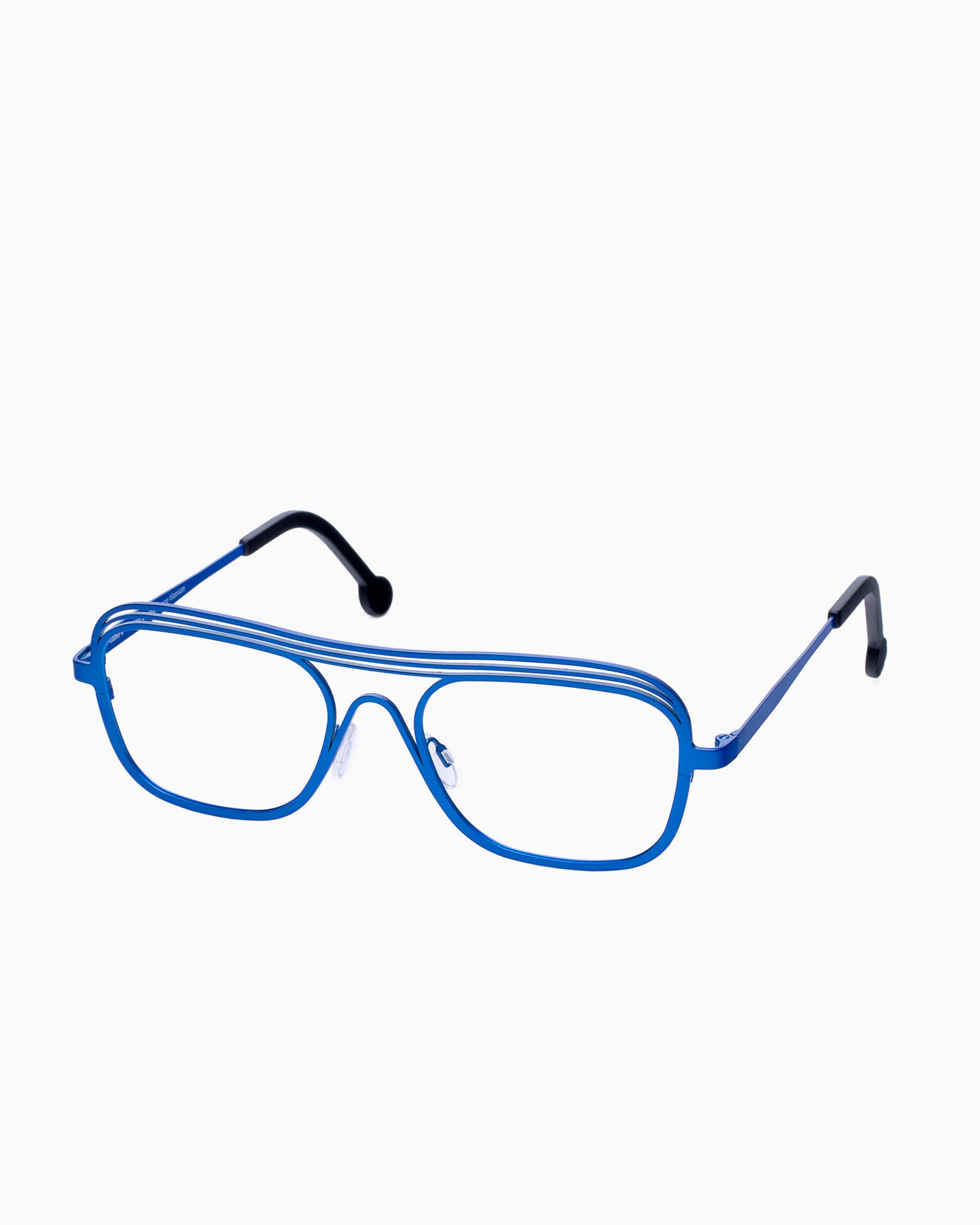 blue metal aviator eyeglasses by Theo model Exchange, front view, lunettes de vue aviateur couleur Bleu