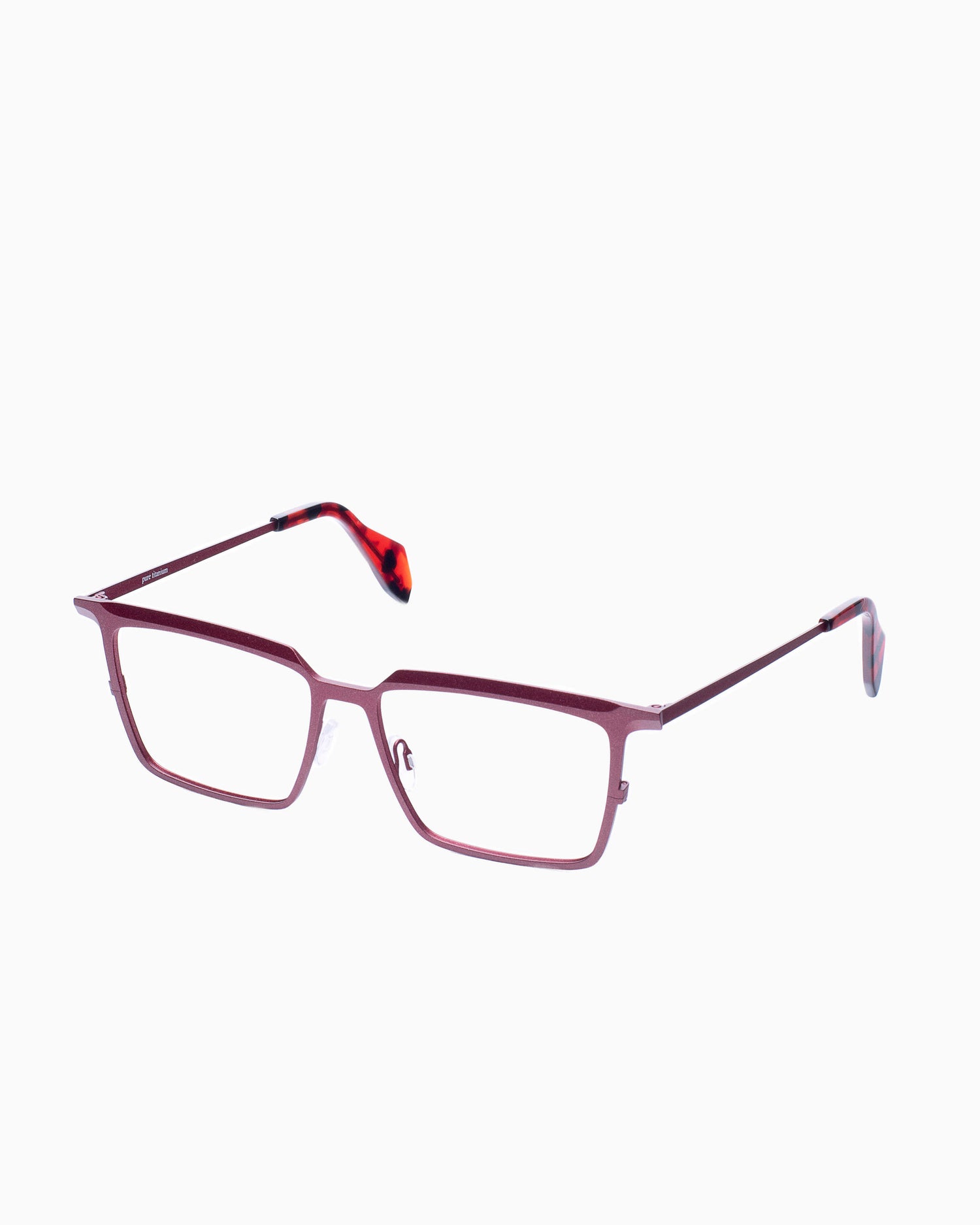 red metal rectangle eyeglasses by Theo model Barion, front view, lunettes de vue rectangle couleur Rouge