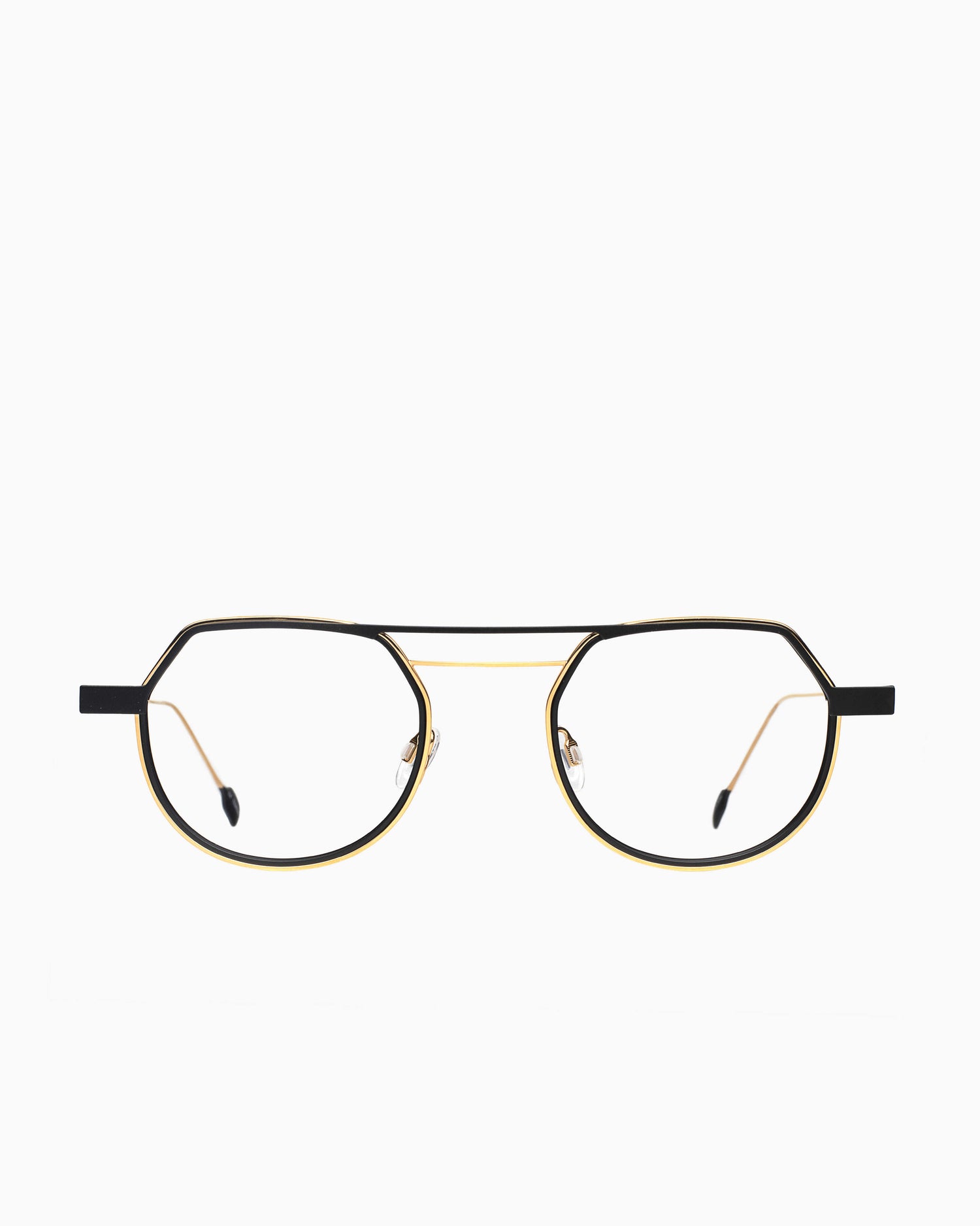 gold metal round eyeglasses by Anne et Valentin model reform, front view, lunettes de vue rond couleur or