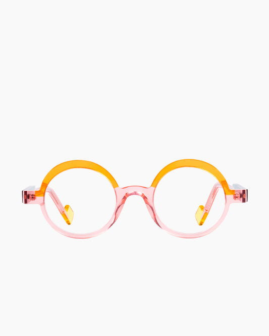 pink plastic round eyeglasses by Anne et Valentin model LUDIK, front view, lunettes de vue rond couleur Rose