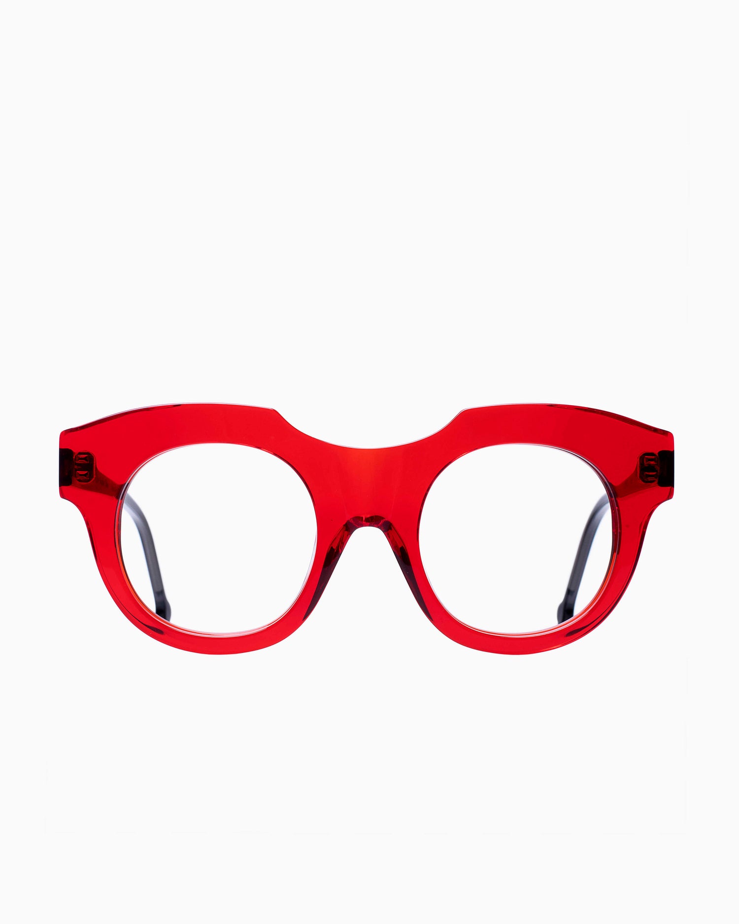 red plastic round eyeglasses by Marie-Sophie Dion model Genest, front view, lunettes de vue rond couleur Rouge