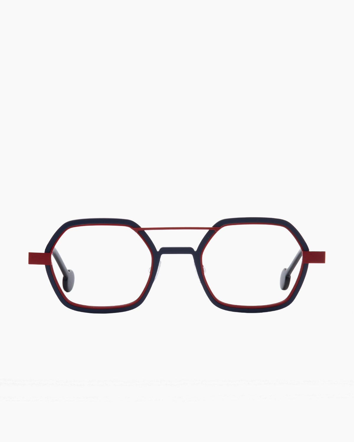 red metal hexagon eyeglasses by Anne et Valentin model wellsaid, front view, lunettes de vue hexagone couleur rouge