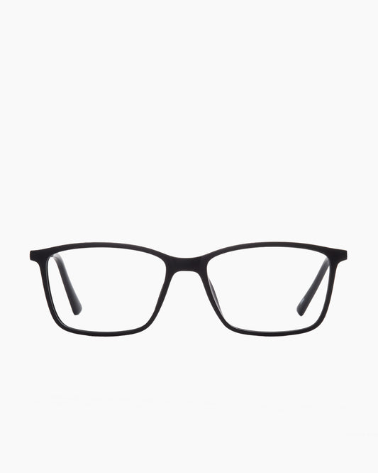 black plastic rectangle eyeglasses by Evolve model El3, front view, lunettes de vue rectangle couleur noir