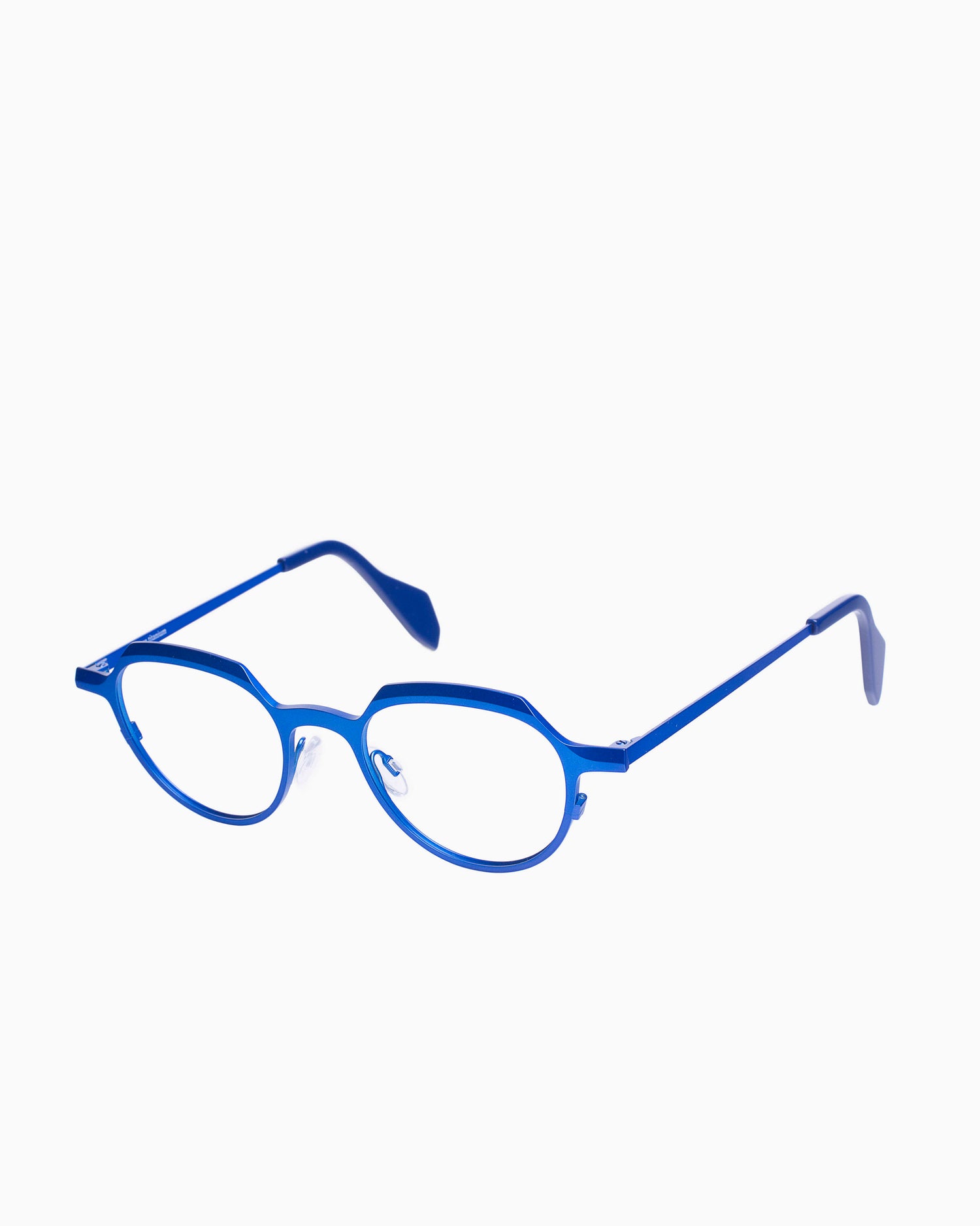 blue metal round eyeglasses by Theo model Obus, front view, lunettes de vue rond couleur Bleu