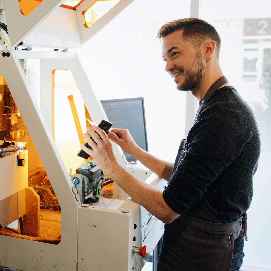 Artisan usinant une monture en acétate sur une fraiseuse CNC 5 axes à l'atelier Marie-Sophie Dion