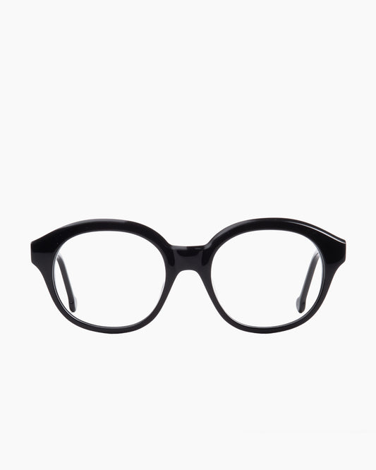 black plastic round eyeglasses by Marie-Sophie Dion model Volkl, front view, lunettes de vue rond couleur noir