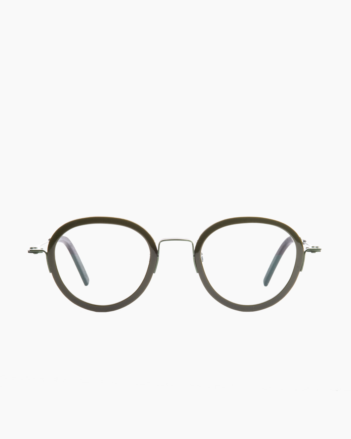 green metal round eyeglasses by Theo model STAMPPOT, front view, lunettes de vue rond couleur Vert