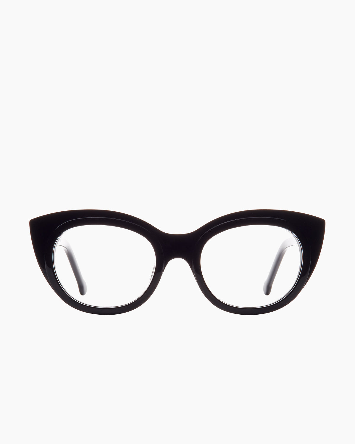 black plastic cat eyeglasses by Marie-Sophie Dion model Blais, front view, lunettes de vue chat couleur noir
