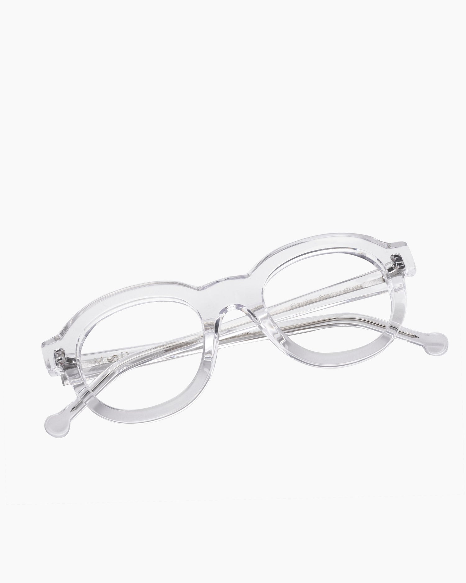 crystal plastic round eyeglasses by Marie-Sophie Dion model Claude, front view, lunettes de vue rond couleur cristal