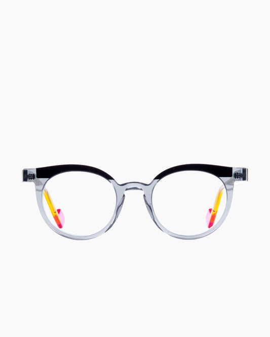 grey plastic round eyeglasses by Anne et Valentin model LEVEL, front view, lunettes de vue rond couleur Gris