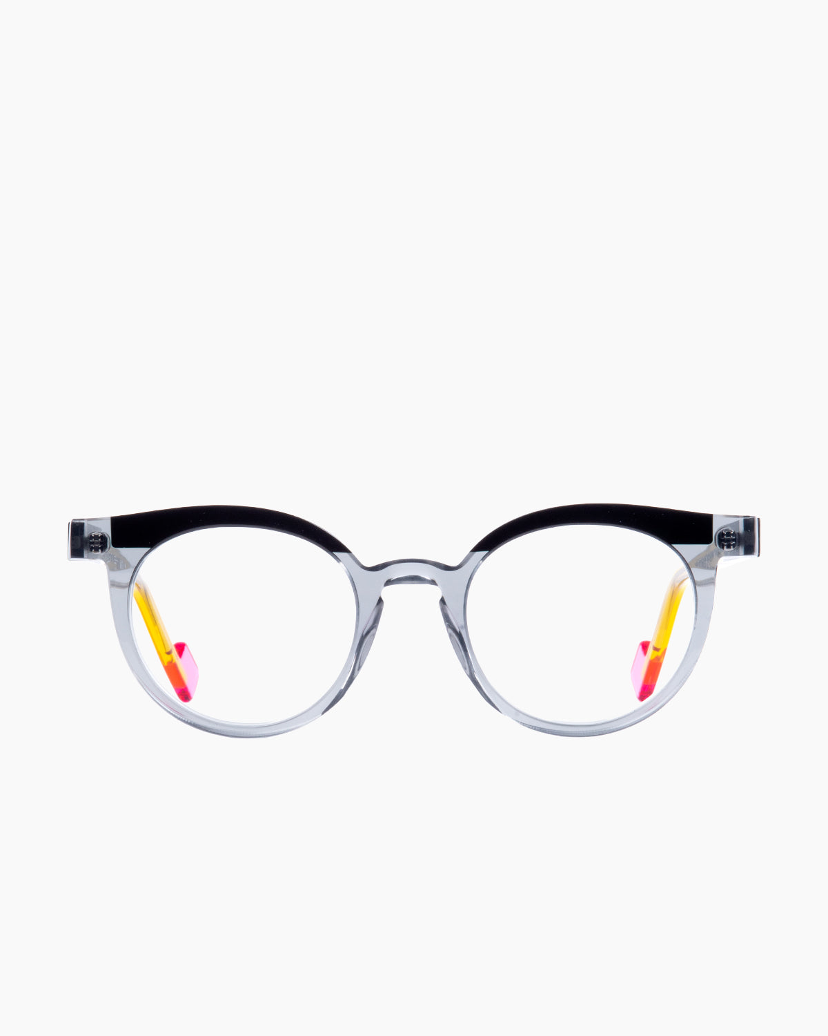 grey plastic round eyeglasses by Anne et Valentin model LEVEL, front view, lunettes de vue rond couleur Gris